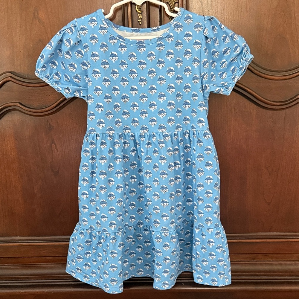 Bisby Girls Blue Floral Dress Size 5 Puff Sleeve Tiered Boutique Dress